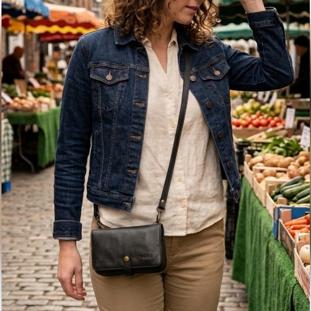 Vintage Black Leather Wallet Crossbody Bag